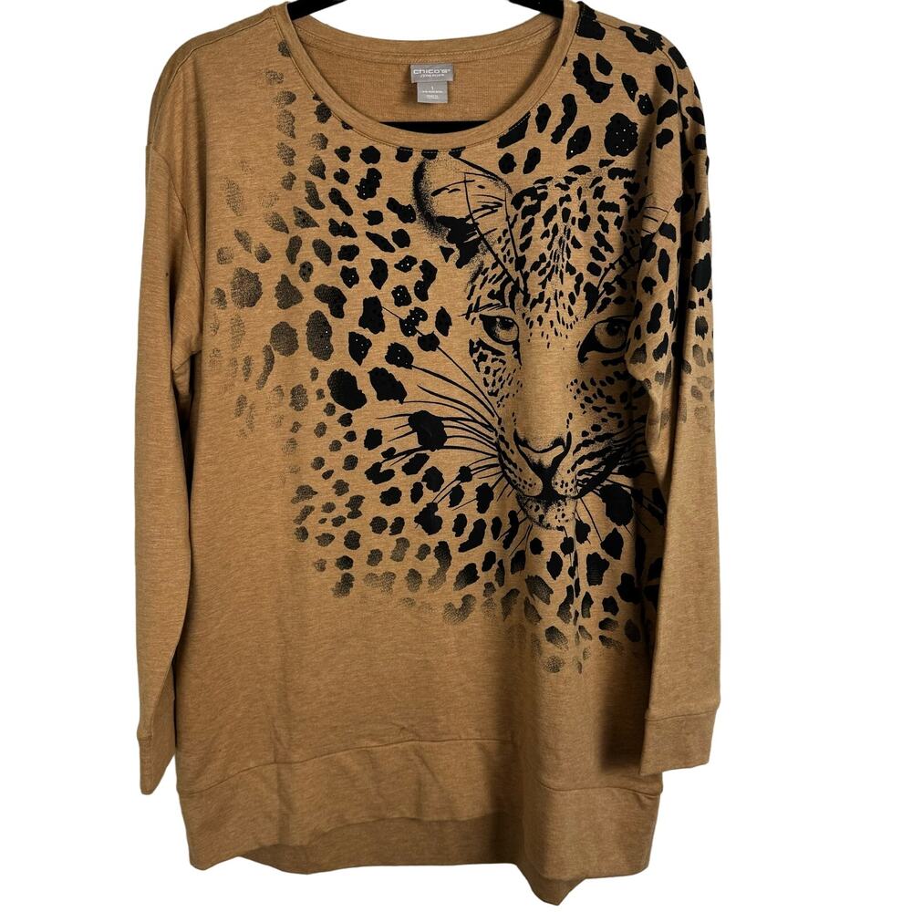 Chico's Zenergy Cheetah Print Head Face Sweater Size 1 or U.S. 8/10 Crew Neck